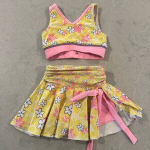REBEL Yellow and pink w/rhinestones flower sports bra and skirt with shorts set